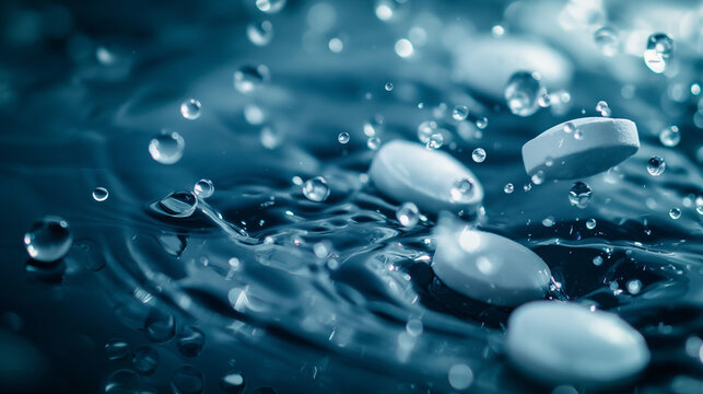 White effervescent tablets dissolving in deep blue water with bubbles and drops macro pharmaceutical health concept background