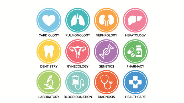 A comprehensive and colorful collection of medical specialty icons, illustrating diverse healthcare departments, services, and diagnostic concepts