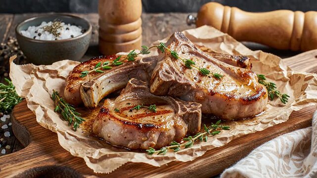Grilled pork chops on wooden board with spices and herbs
