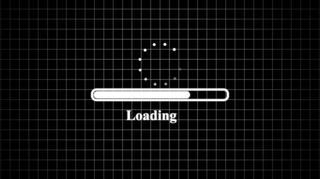 Glitch loading bar. Animation of cyberpunk style loading bar with glitch effect. Please wait loading intermission animated. Icon symbol starting soon. Spinning waiting icon on background