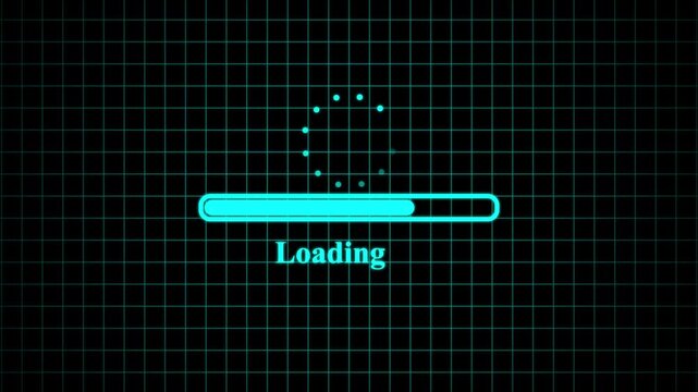 Glitch loading bar. Animation of cyberpunk style loading bar with glitch effect. Please wait loading intermission animated. Icon symbol starting soon. Spinning waiting icon on background