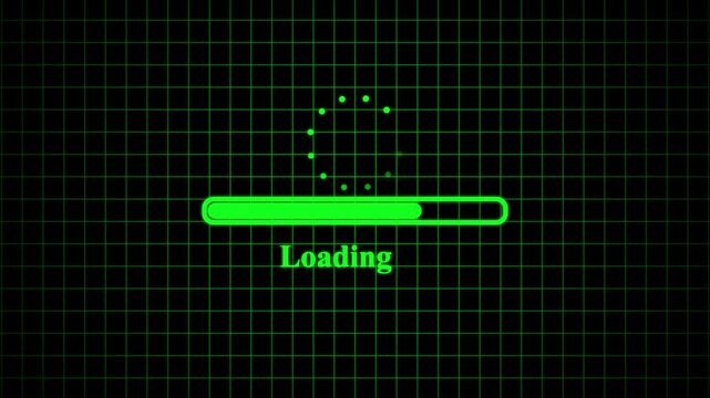 Glitch loading bar. Animation of cyberpunk style loading bar with glitch effect. Please wait loading intermission animated. Icon symbol starting soon. Spinning waiting icon on background