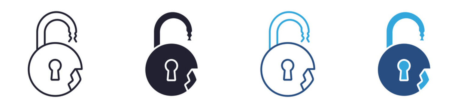 Broken lock icon set. security breach and unlocked protection concept. outline, glyph, colored line and flat style. vector illustration.