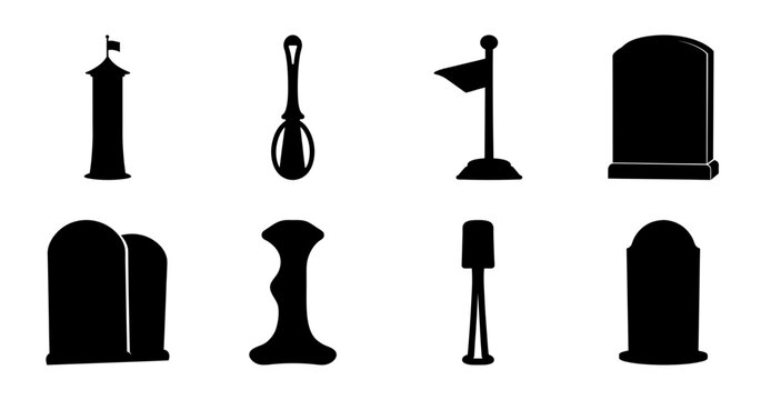Black silhouette icons of various objects set - Simple set of black silhouette icons including a lamp, vase, flagpole, tombstone, tomb, lantern, and lamp post for versatile design use.