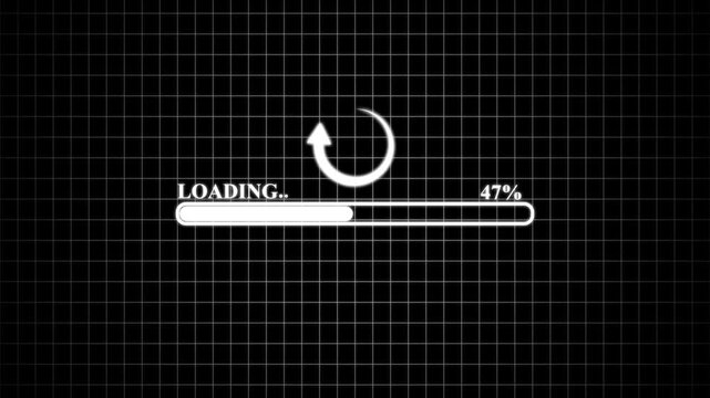 Progress bar motion graphic and circle rotating loading icon on black background. Pixel Art Loading Screen, loading screen for games, black screen,