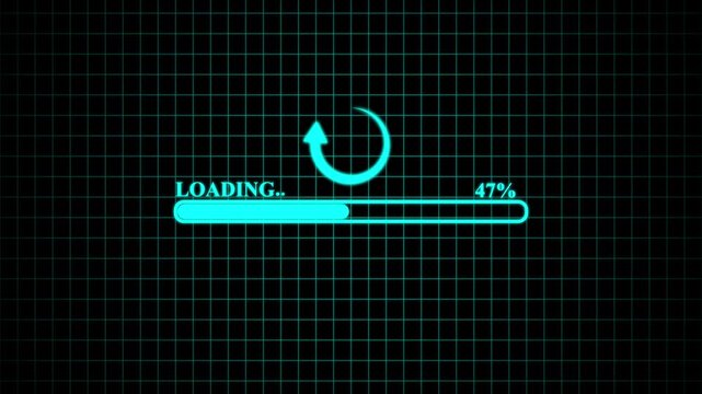 Progress bar motion graphic and circle rotating loading icon on black background. Pixel Art Loading Screen, loading screen for games, black screen,