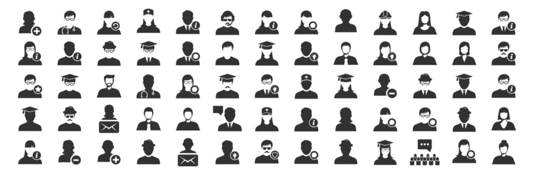 Person silhouette set with male and female figures in various professions on transparent background