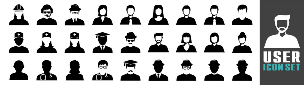 User icon set with various professions and hairstyles. Silhouettes include worker, graduate, doctor, and casual profiles.