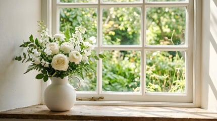 Fototapeta premium White roses and flowers in a vase on a wooden window sill with a garden view