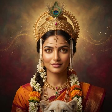 Radiant Maa Ambe Portrait &ndash; Divine Golden Goddess