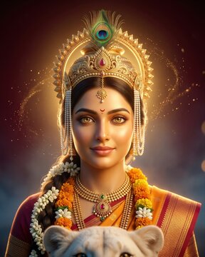 Radiant Maa Ambe Portrait &ndash; Divine Golden Goddess