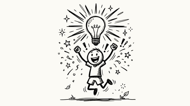 Ecstatic Stick Figure Man Jumping and Celebrating Under a Glowing Light Bulb with Confetti and Stars, Symbolizing a Brilliant Idea Breakthrough and Success on an Isolated White Background.