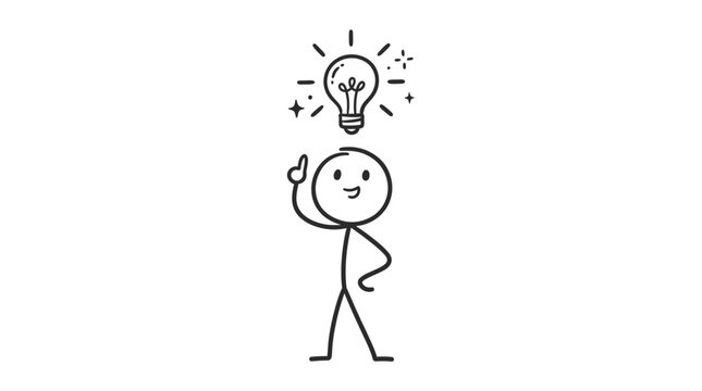 Happy Stick Figure Man Pointing Upwards with a Glowing Light Bulb Above His Head, Celebrating a Brilliant New Idea or Solution on an Isolated White Background.