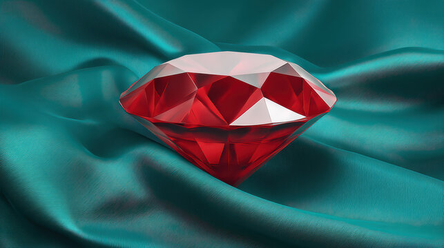 A beautifully rendered red ruby gemstone sparkles against the rippled teal satin background showcasing the brilliant facets of the precious jewel in a luxurious setting.