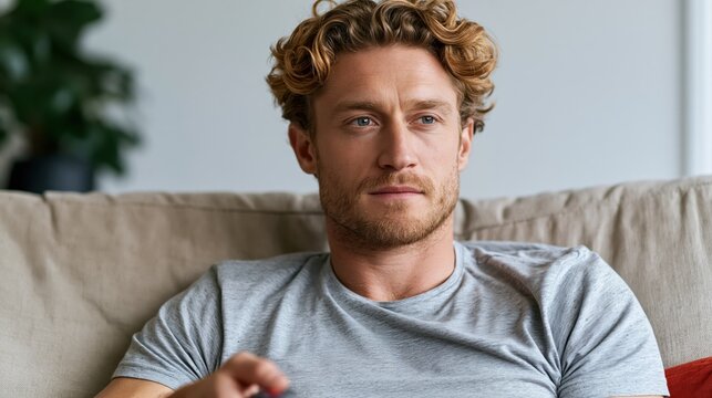 Man with curly hair relaxing on a sofa, holding a remote control
