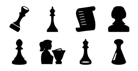 Chess pieces icon set flat design black and white - Minimalist flat design icon set featuring classic chess pieces including king, queen, bishop, knight, rook, and pawn in black and white. © Md