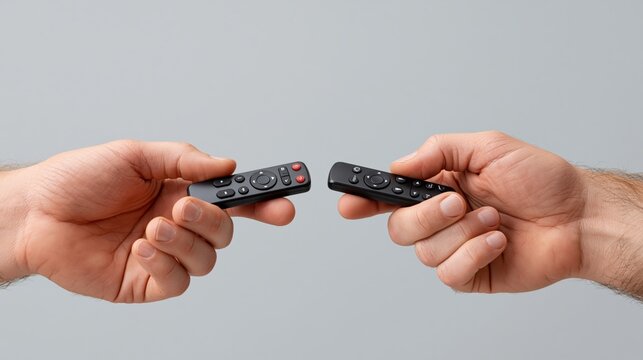 Two hands holding slim black remote controls facing each other on a gray background