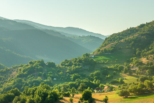 Mountainous countryside of the Ibar river valley around village of Brvenik in Raska district, Serbia