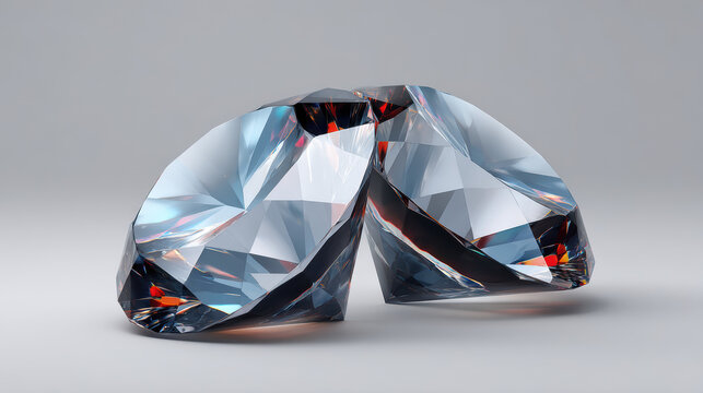 Two dazzling, perfectly cut diamonds rest closely together, reflecting light in a spectrum of brilliant colors against a soft, neutral background in fine detail.