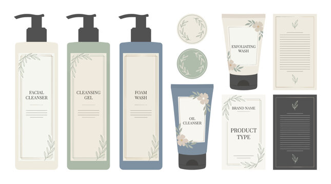 Luxury Facial Cleanser Label Vector Templates with Minimal Botanical Frames and Premium Skincare Packaging