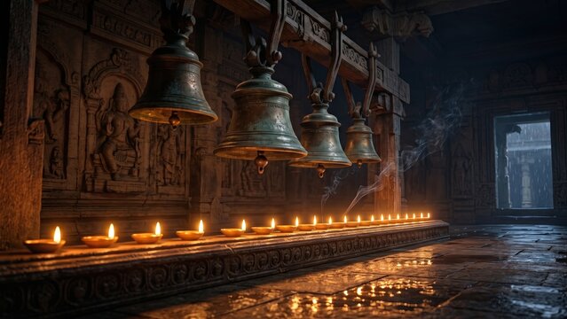 Ancient Temple Bells &ndash; Sacred Diya Light Interior