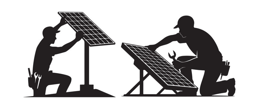Solar panel installation silhouettes technicians working renewable energy solar power pv panel