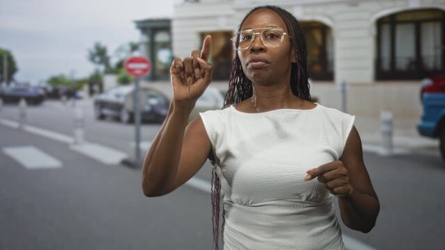 Young african american woman points finger upward on street crosswalk wearing white sleeveless dress and clear glasses; concentration.