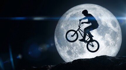 Naklejka premium Professional BMX rider performing an aerial tailwhip against a giant supermoon