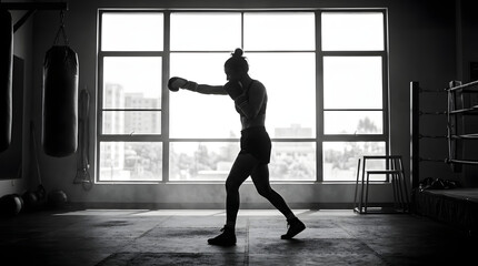 Fototapeta premium Silhouette of a female boxer throwing a punch in a gym