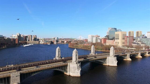 Aerial drone view of Longfellow Bridge with metro into downtown Boston