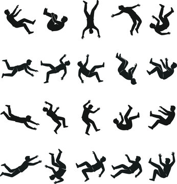 Falling Person Silhouette Collection with Dynamic Motion Poses for Risk Accident and Action Graphic Design Projects