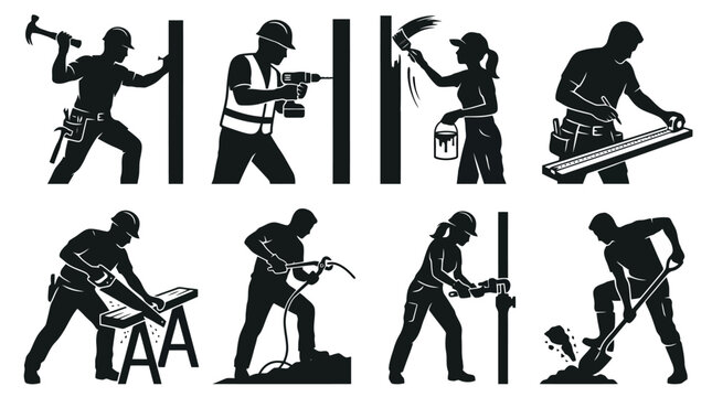 Construction Worker Silhouette Set with Professional Tradespeople Icons, Handyman Using Tools, Carpenter, Electrician, Plumber, and Painter for Home Renovation Design