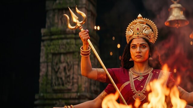 Maa Durga with Trishul &ndash; Sacred Havan Fire