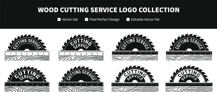 Wood Cutting Service Logo Collection with Circular Saw Blade and Timber Elements for Carpentry and Construction Branding Projects