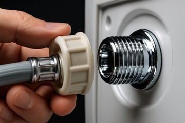 Fototapeta premium Hand connecting a water hose to a wide threaded faucet at home in a simple setting