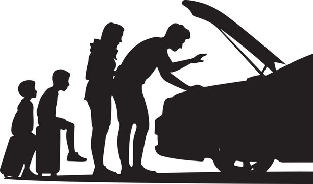 Silhouette of a family with children and luggage standing by a broken down car with the hood open on the side of the road