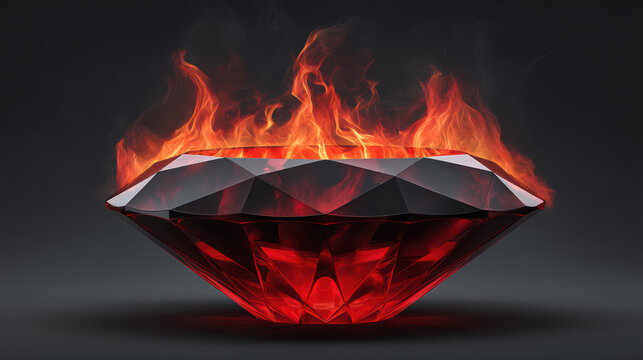 A vividly rendered faceted ruby gemstone glows intensely with fiery flames emanating upwards against a stark dark background creating a dramatic focal point.