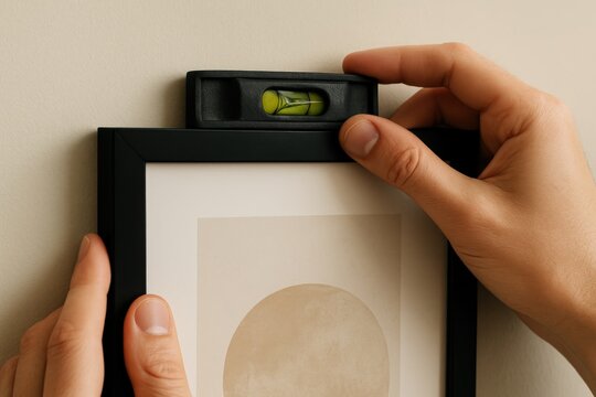 Person using a level tool to align a frame on a wall in a room