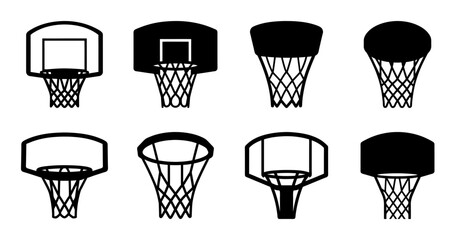 Basketball hoops with different ball positions - A clean black and white vector illustration showing various basketball hoops with balls in different positions for dynamic sports design use. © Md