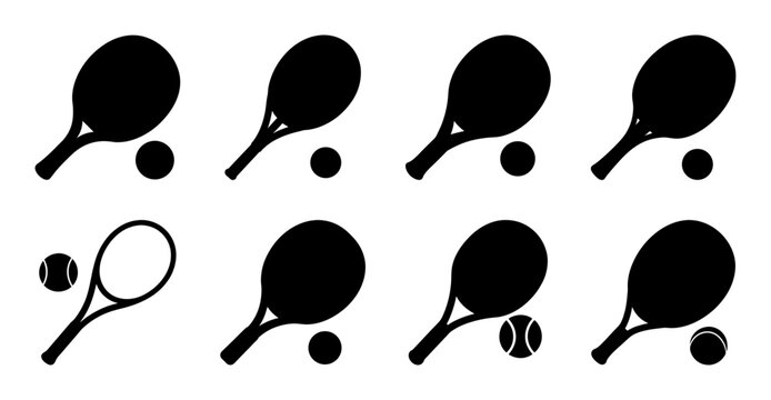 Black and white sports rackets and balls icon set - Simple black and white vector icons showing tennis, badminton, and baseball rackets with balls arranged in a grid pattern.