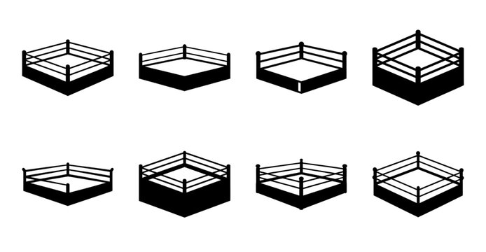 Modern boxing ring with ropes and corner posts - Isometric vector illustrations of a minimalist boxing ring from different angles, showing ropes and corner posts in a clean, simple style.