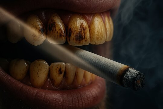Close view of teeth stained from smoking with cigarette held in mouth, late evening light