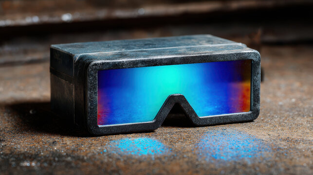 Digital industrial safety goggles with reflective blue lens resting rough surface highlighting importance of digital literacy industrial