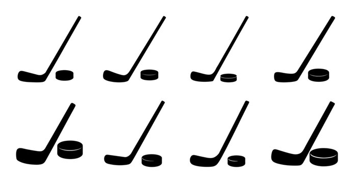 Collection of hockey sticks with pucks - Vector illustration of various hockey sticks in different angles, each paired with a hockey puck, ready for a game or design use.