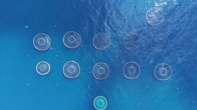 Aerial top-down view of offshore aquaculture facility in Spain featuring multiple circular floating net cages anchored in deep blue Mediterranean Sea water