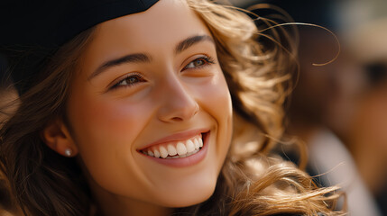 Fototapeta premium Graduation celebration with a smiling young woman in a cap outdoors during daytime in a crowd of graduates