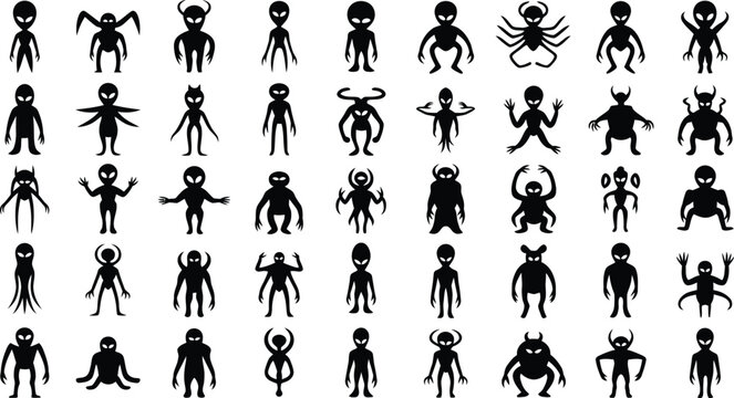 Alien monster silhouette vector illustration with fantasy creatures, horns, wings, claws, tentacles, humanoid shapes, creative character design