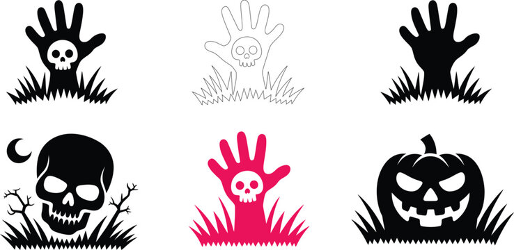 Spooky Halloween silhouette icon set, hands rising from grass, skull palms, crescent moon branches, sinister jack o lantern vectors