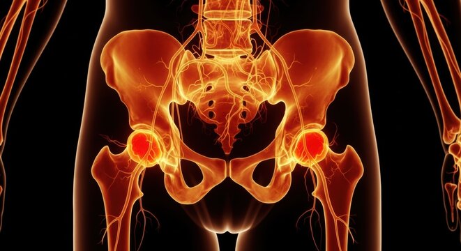 Detailed 3D rendering of human pelvis and hip joints with highlighted inflammation