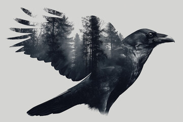 Naklejka premium Double exposure photography, a silhouette of a raven combined with a dark haunted forest inside the wings, moody monochrome with deep blacks, fine art photography
